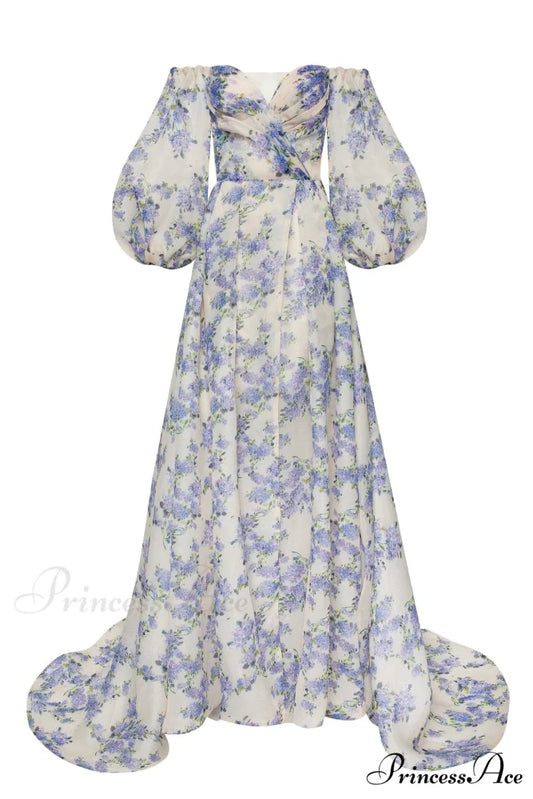 Hydrangea Elegant Floral Charming Puff Sleeve Maxi Dress XXS / Hydrangea / White Underskirt