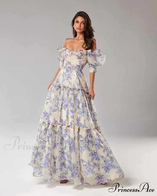Hydrangea Feminine Voluminous Charming Sheer Sleeves Dress