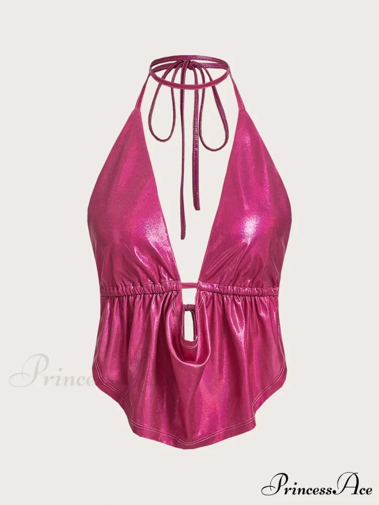 ICON Draped Front Backless Knot Hanky Hem Halter Top Hot Pink / XS