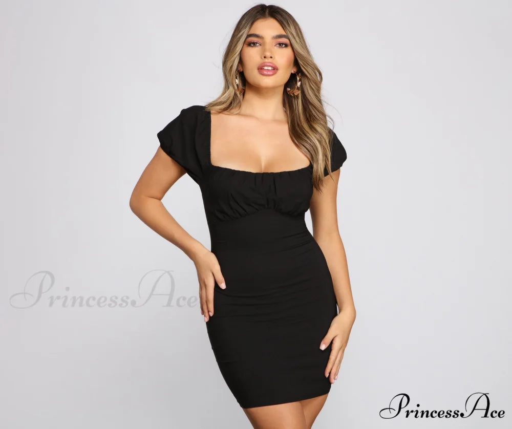 Iconic Glam Puff Charming Sleeve Mini Dress BLACK / XS