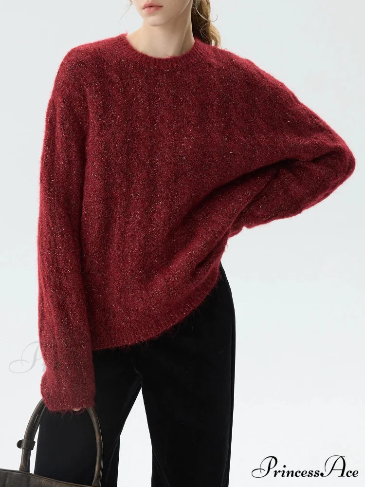 Identify the crimson Circular Neck Baggy Sweater swraters-241228
