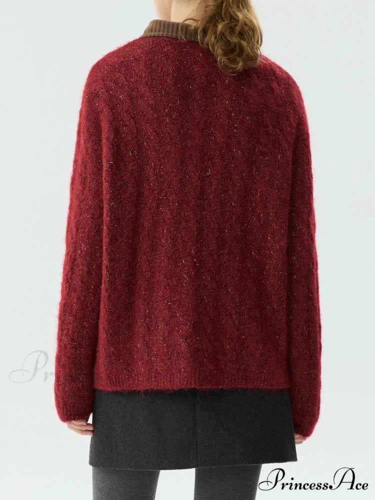 Identify the crimson Circular Neck Baggy Sweater swraters-241228