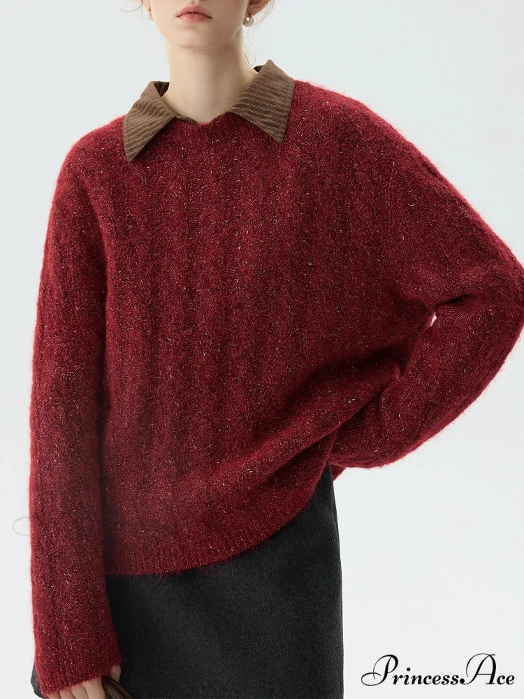 Identify the crimson Circular Neck Baggy Sweater swraters-241228