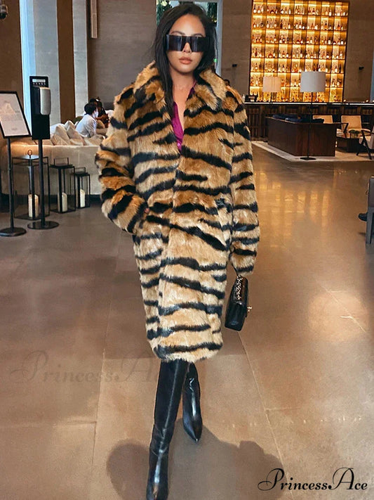 Imitation Fur Tiger Patterned Baggy Overcoat overcoats-241228