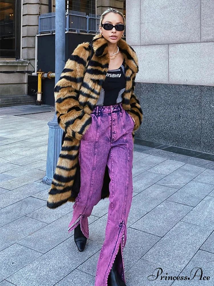 Imitation Fur Tiger Patterned Baggy Overcoat overcoats-241228