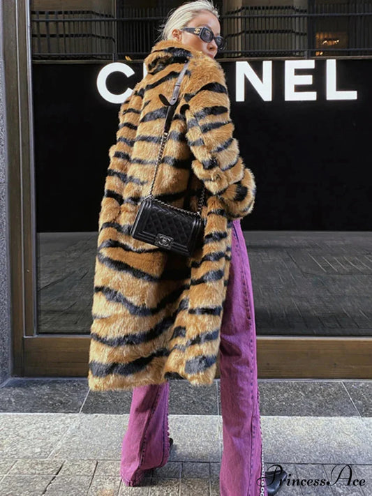 Imitation Fur Tiger Patterned Baggy Overcoat tiger striped / S overcoats-241228