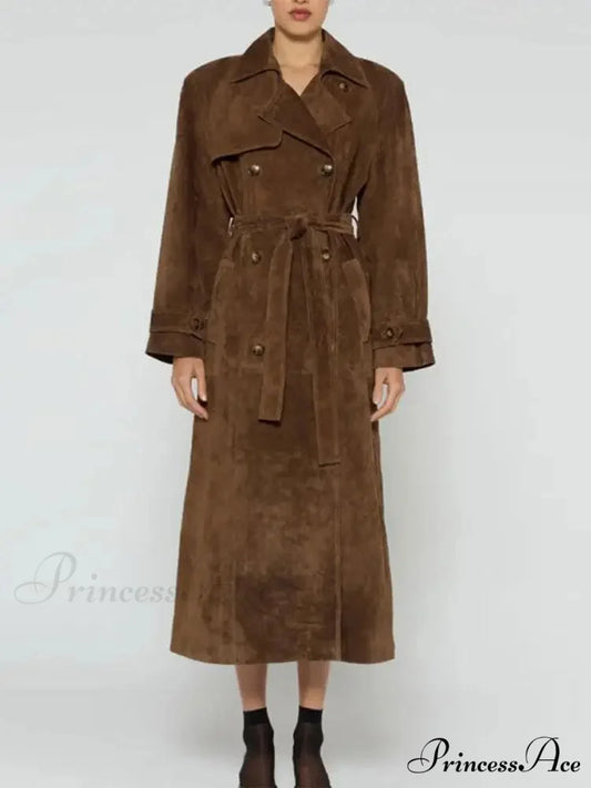 Imitation Leather Collar Dual-Buttoned Overcoat Brown / S overcoats-241228