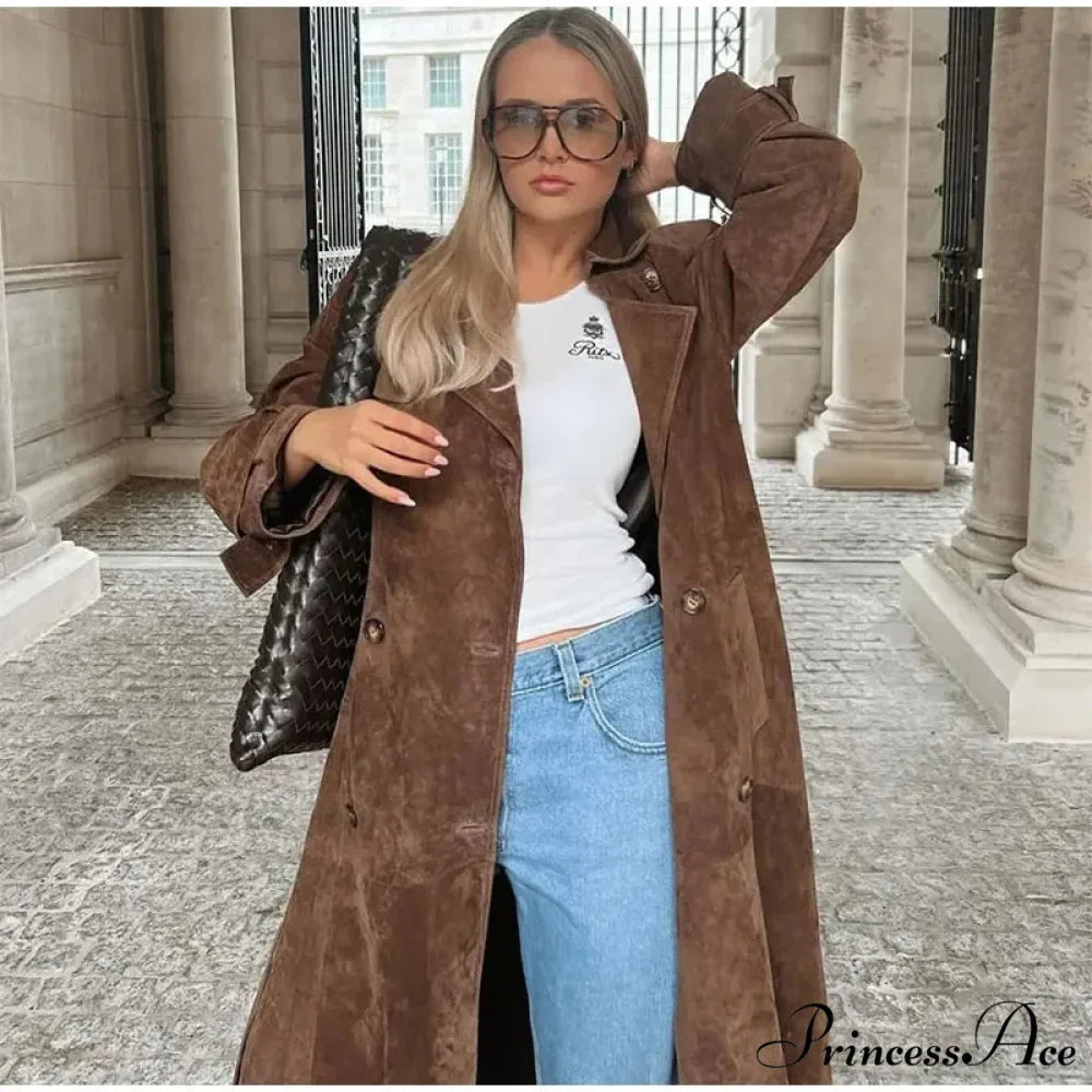 Imitation Leather Collar Dual-Buttoned Overcoat overcoats-241228