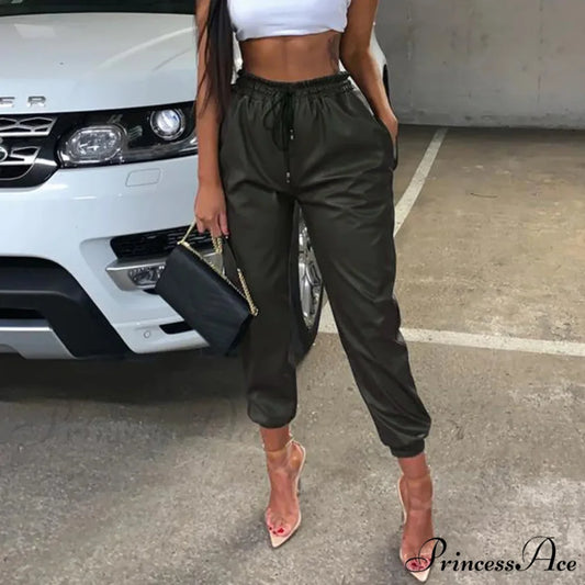 Imitation Leather Elevated Waist Joggers Trousers pants-241228