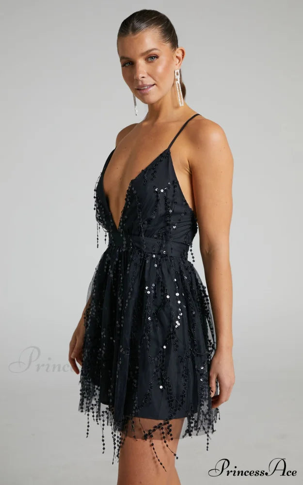 In the Stars Charming Sequin Mini Party Dress Black / L