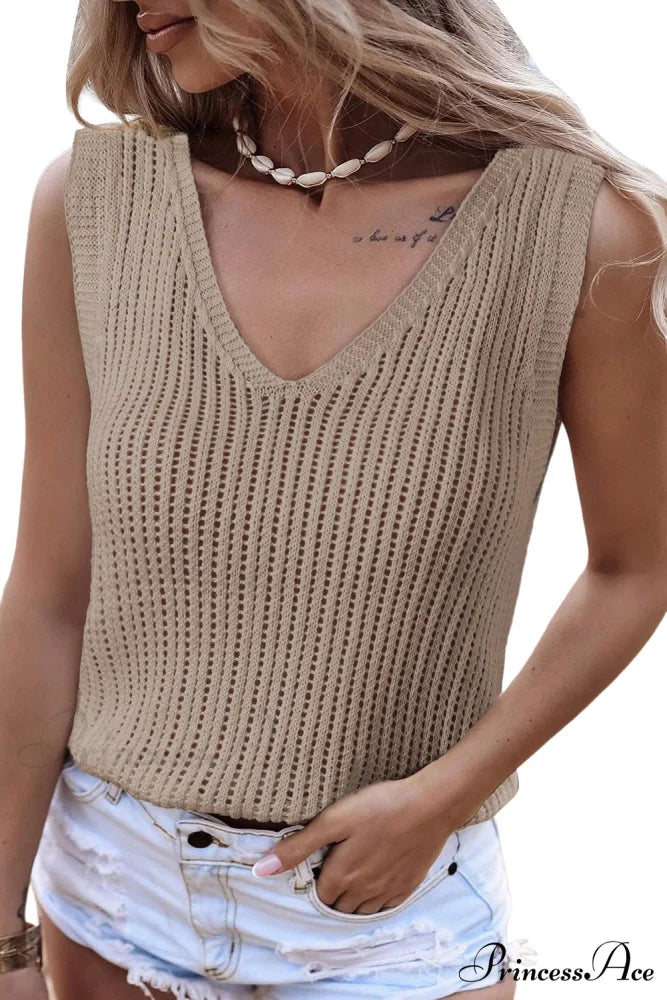 in V Knit Top Neck Tank Khaki