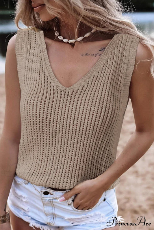 in V Knit Top Neck Tank Khaki Khaki / S / 100% Acrylic