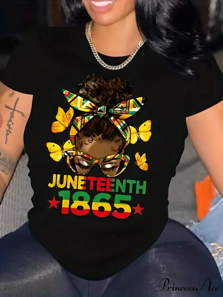 Independence Day Cartoon Figure Print Casual Crew Neck Short Sleeve Women’s for Summer & Spring T-shirt