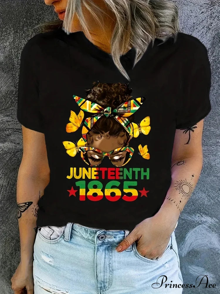 Independence Day Cartoon Figure Print Casual Crew Neck Short Sleeve Women’s for Summer & Spring T-shirt