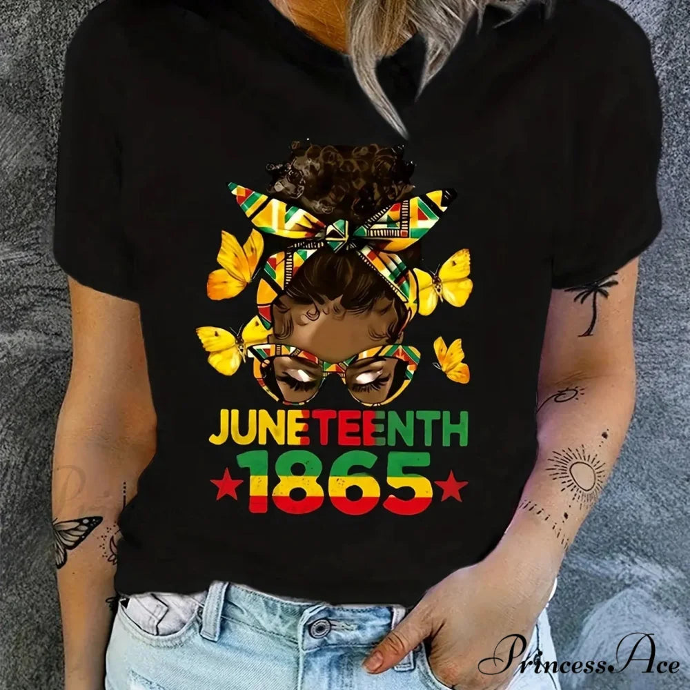 Independence Day Cartoon Figure Print Casual Crew Neck Short Sleeve Women’s for Summer & Spring T-shirt BLACK / S