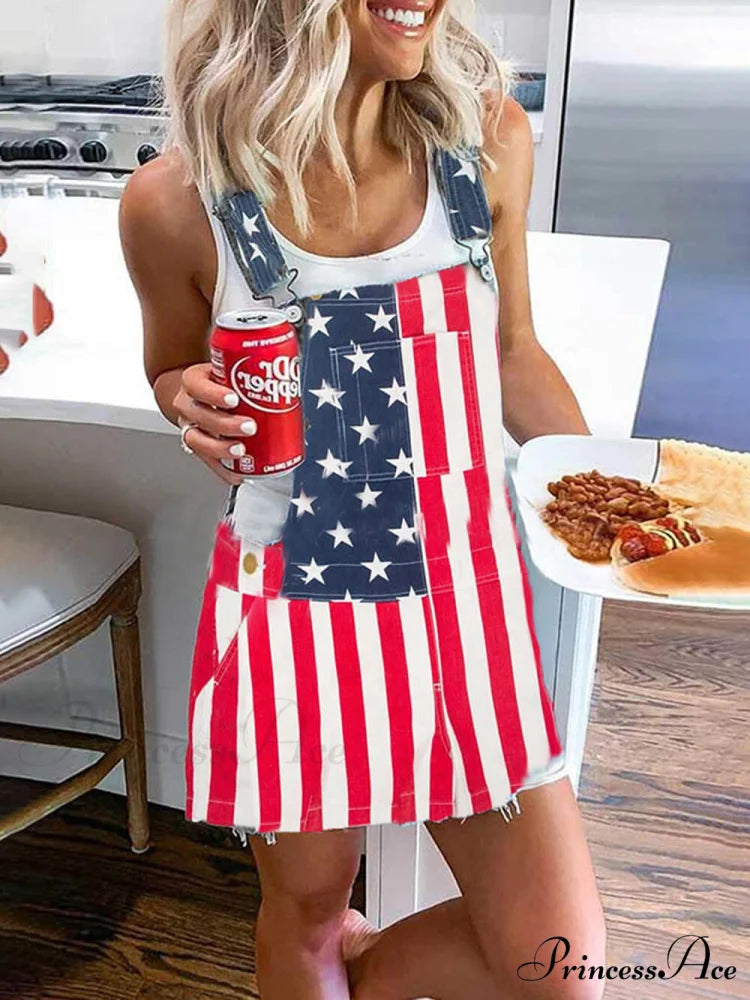 Independence Day Flag Print Graceful Pocket Strap Mini Dress