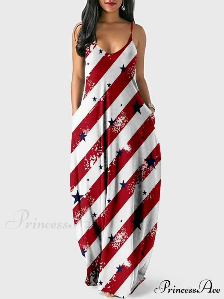 Independence Day Stylish Print Cami Dress Red / S