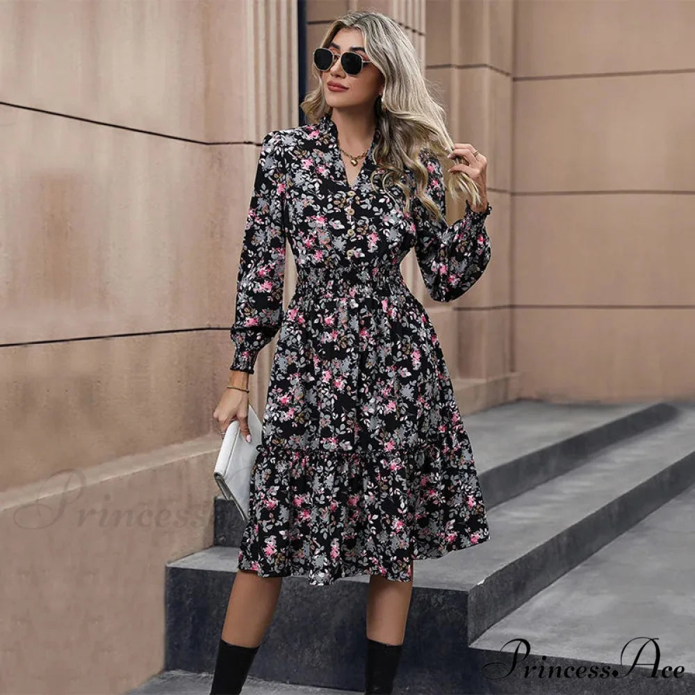 Informal A-line V-neck Floral Dress Black / S oldfloraldress-250126