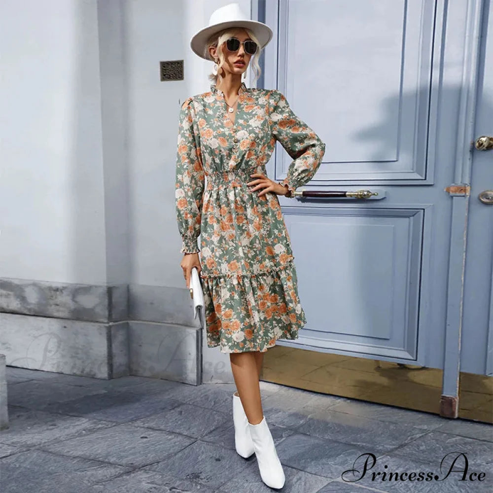 Informal A-line V-neck Floral Dress Blue / S oldfloraldress-250126