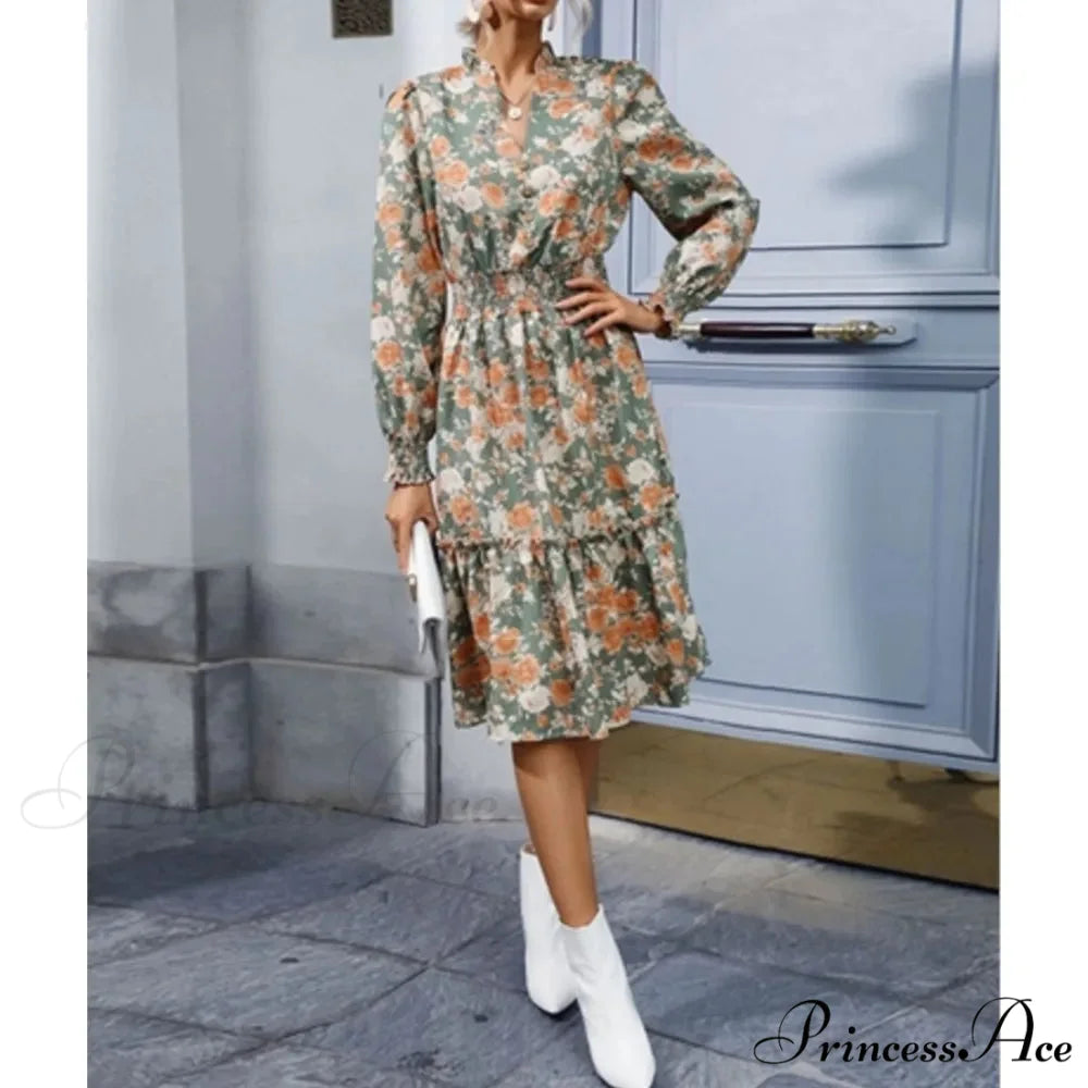 Informal A-line V-neck Floral Dress oldfloraldress-250126