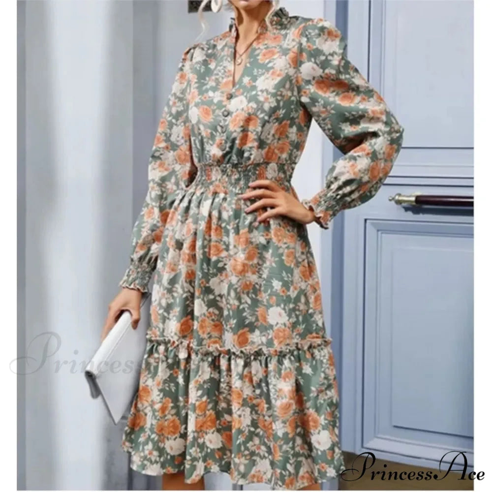 Informal A-line V-neck Floral Dress oldfloraldress-250126