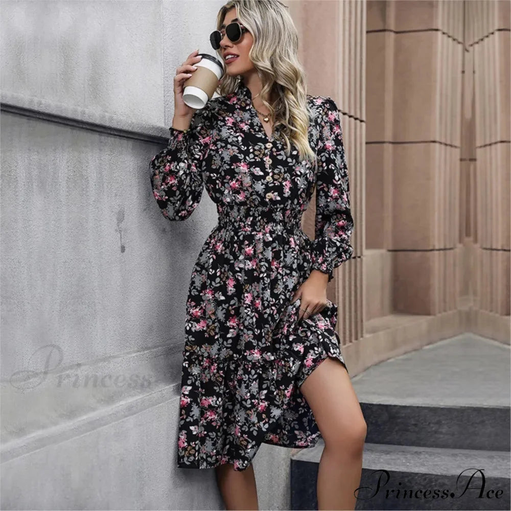 Informal A-line V-neck Floral Dress oldfloraldress-250126