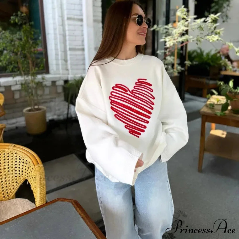 Informal Affection Print Round-neck Extended Sleeve Sweater WHITE / S swraters-241228
