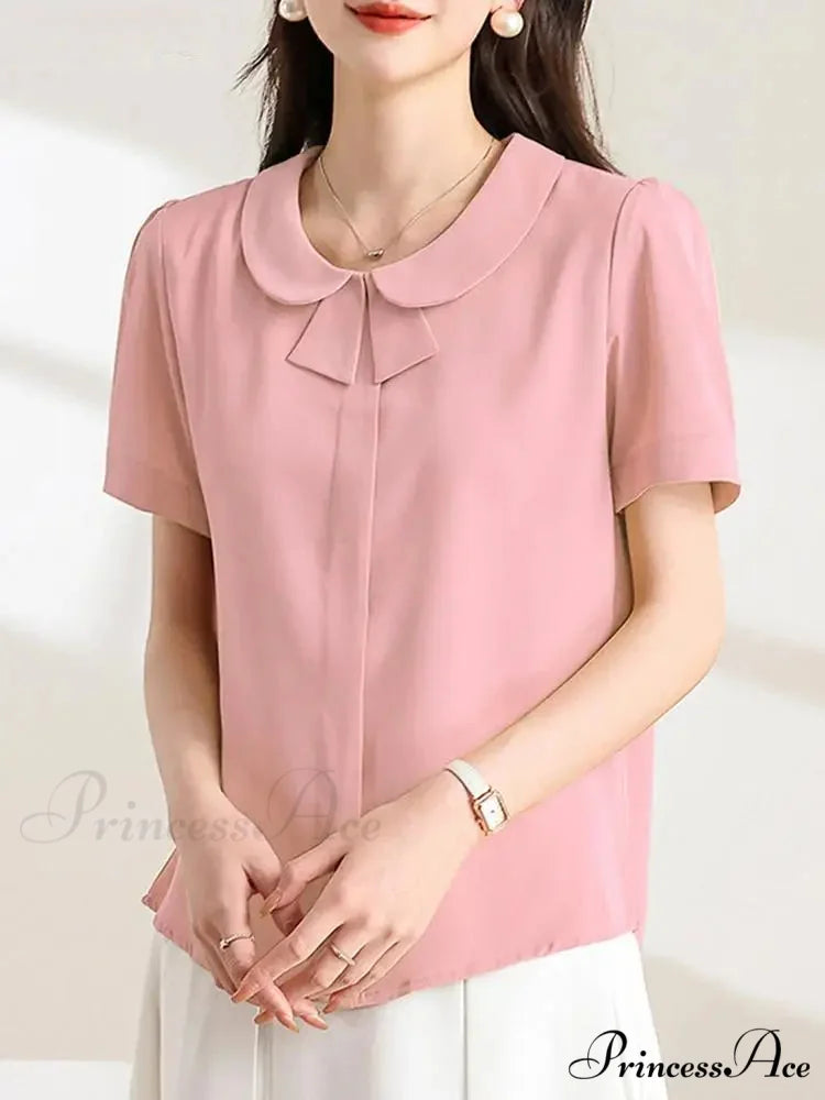 Informal Baggy Collar Monochrome Short Sleeve Blouse Pink / S blouse-250126