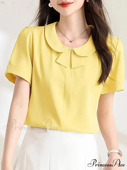 Informal Baggy Collar Monochrome Short Sleeve Blouse Yellow / S blouse-250126