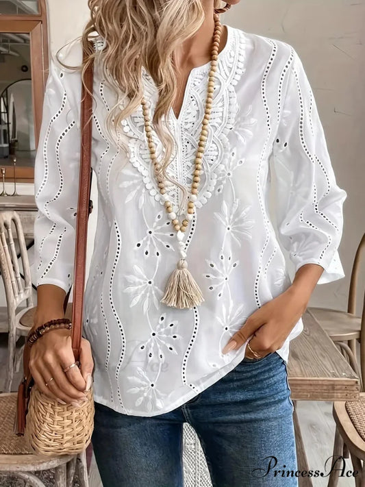 Informal Baggy V-neck Lace Insertion White Blouse WHITE / S blouse-250126
