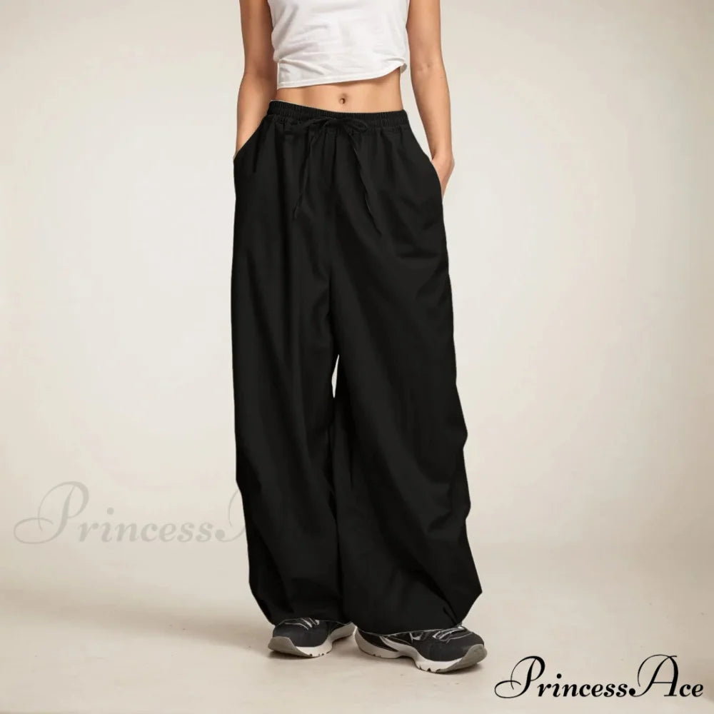 Informal Broad Leg Sweatpants with Pockets Black / S pants-241228