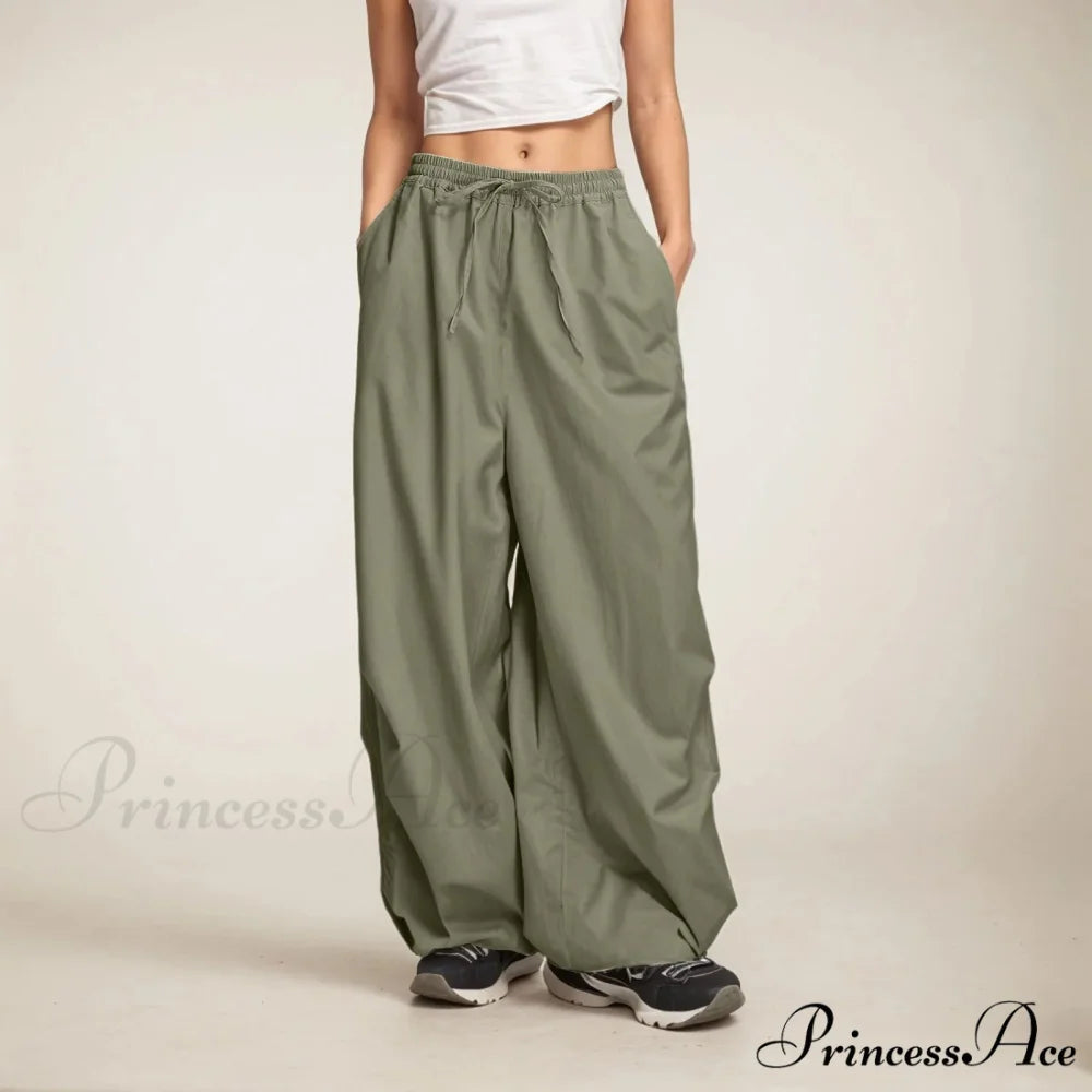 Informal Broad Leg Sweatpants with Pockets Green / S pants-241228