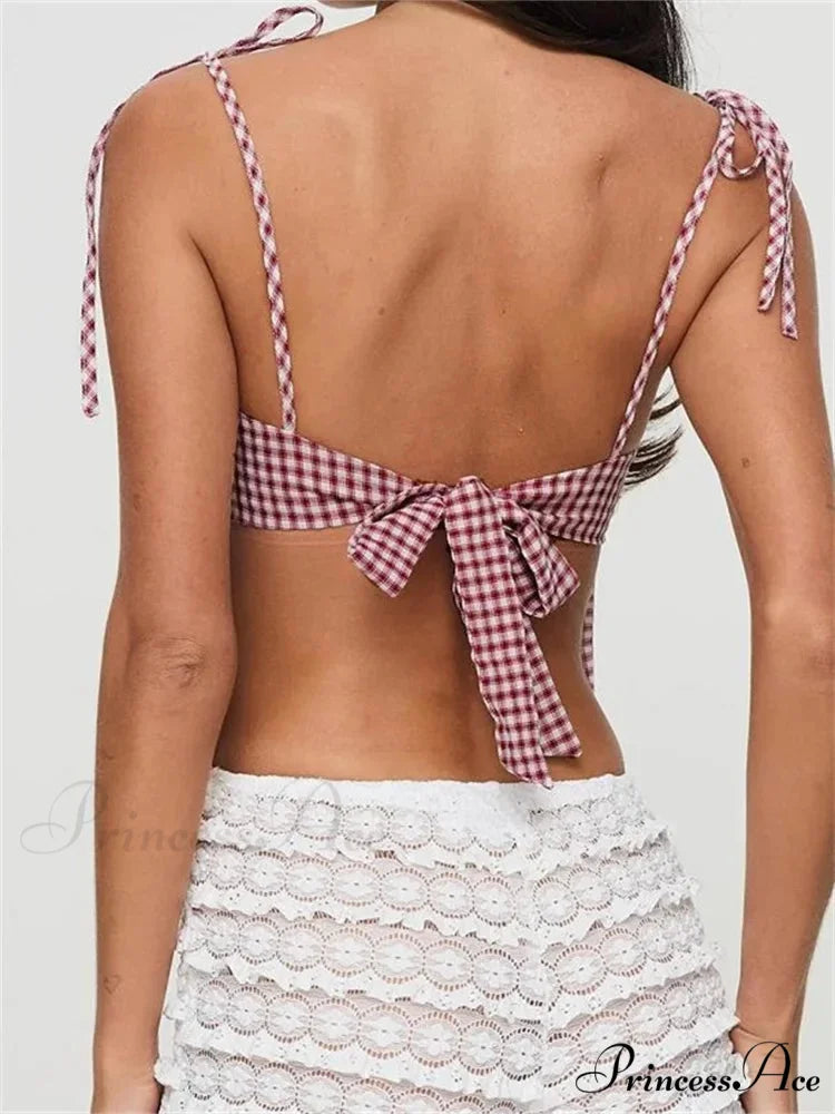 Informal Checkered Lace-up Open-back Strap Tank Crop Top croptop-250126