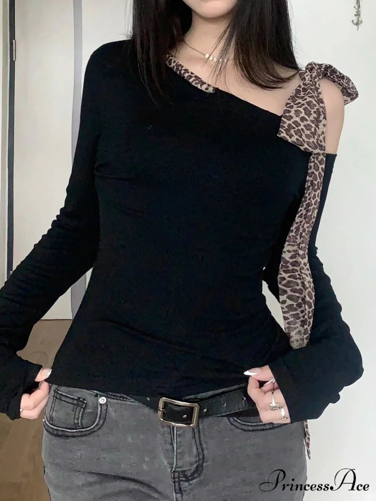 Informal Cheetah Ribbon Trimmed Crew Neck Knit Top knittop-250126