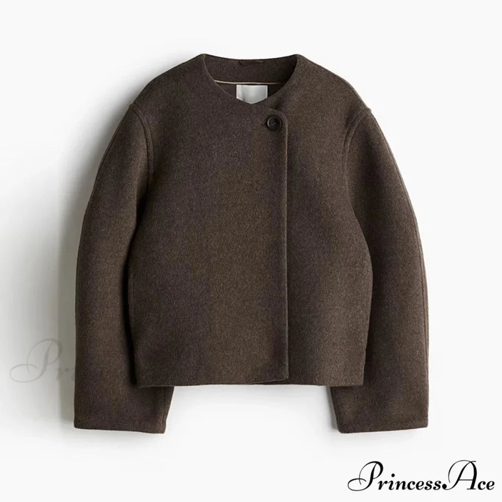 Informal Circular Neck Baggy Woolen Overcoat Coffee / S overcoats-241228