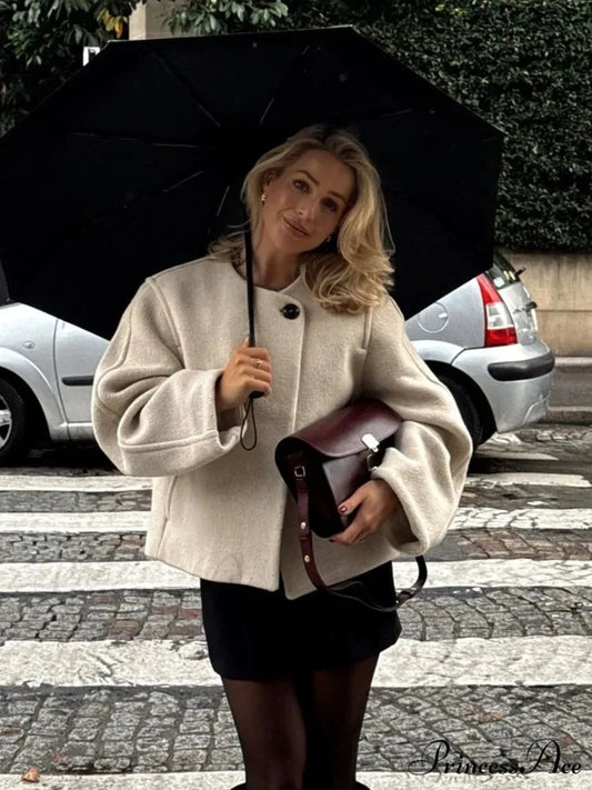 Informal Circular Neck Baggy Woolen Overcoat White / S overcoats-241228