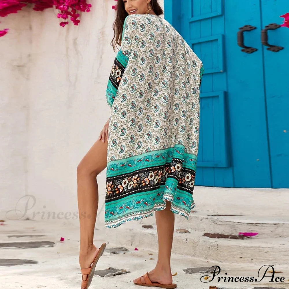 Informal Cultural Flower Pattern Baggy Cover-Up Dress bohodress-250126