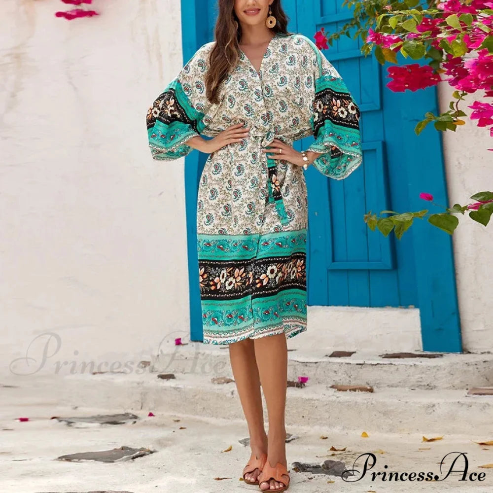 Informal Cultural Flower Pattern Baggy Cover-Up Dress bohodress-250126