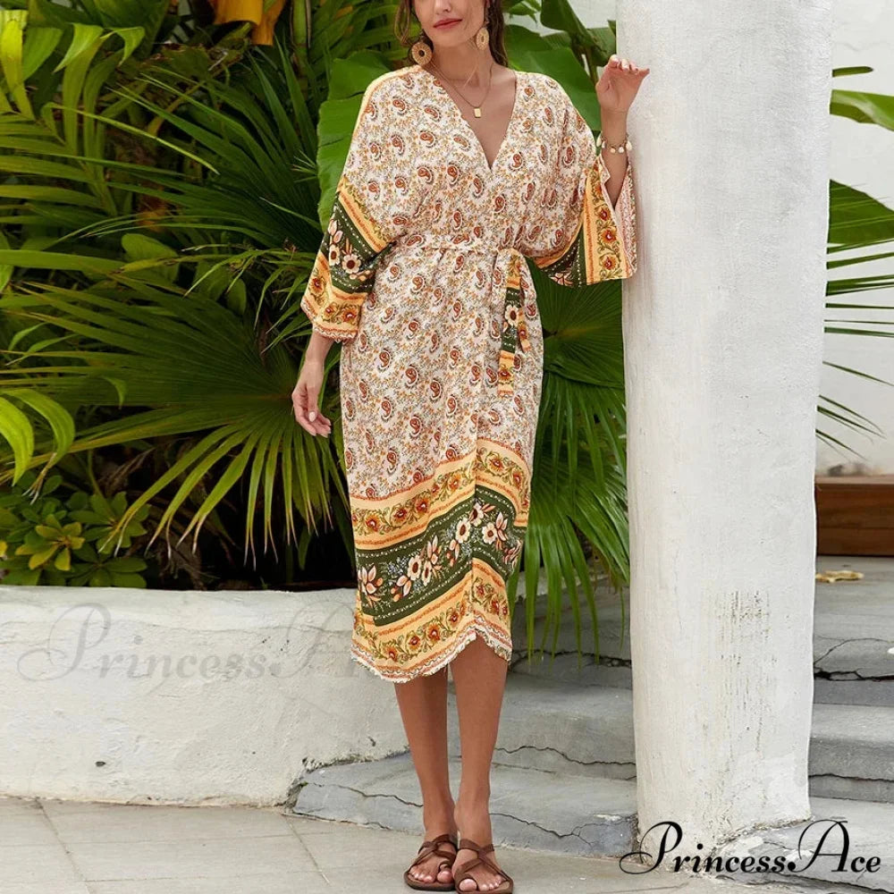Informal Cultural Flower Pattern Baggy Cover-Up Dress Yellow / One Size bohodress-250126
