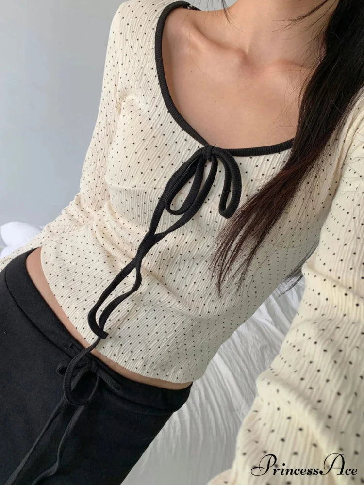 Informal Different Color Dot Printed Slim O-Neck Knit Top knittop-250126