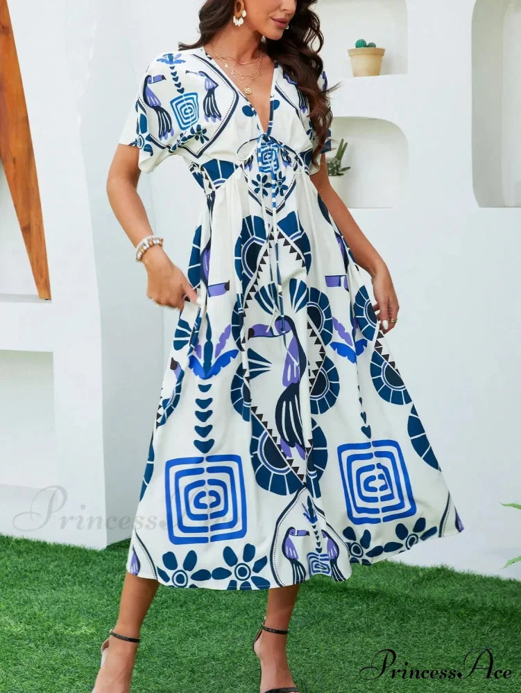 Informal Elevated Waist Plunging-neckline Bohemian Floral Dress oldfloraldress-250126