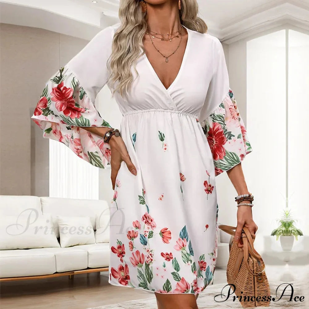 Informal Flower Patterned Mid Sleeve Flower Dress White / S oldfloraldress-250126