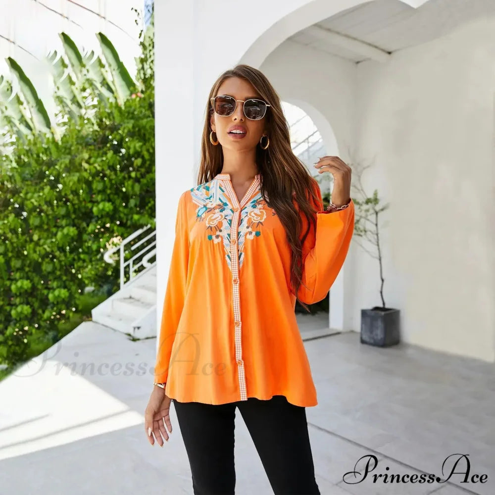 Informal Flower Stitching Large Cotton Long Sleeve Bohemian Top bohoblouse-250126