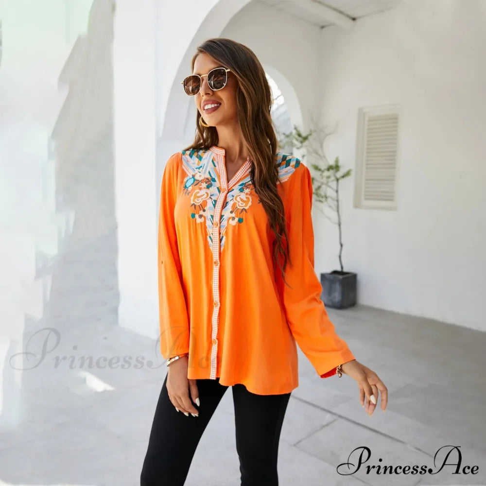 Informal Flower Stitching Large Cotton Long Sleeve Bohemian Top Orange / S bohoblouse-250126