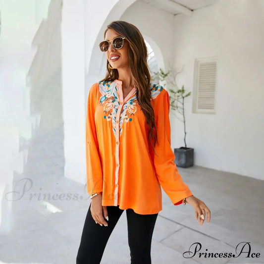 Informal Flower Stitching Large Cotton Long Sleeve Bohemian Top Orange / S bohoblouse-250126