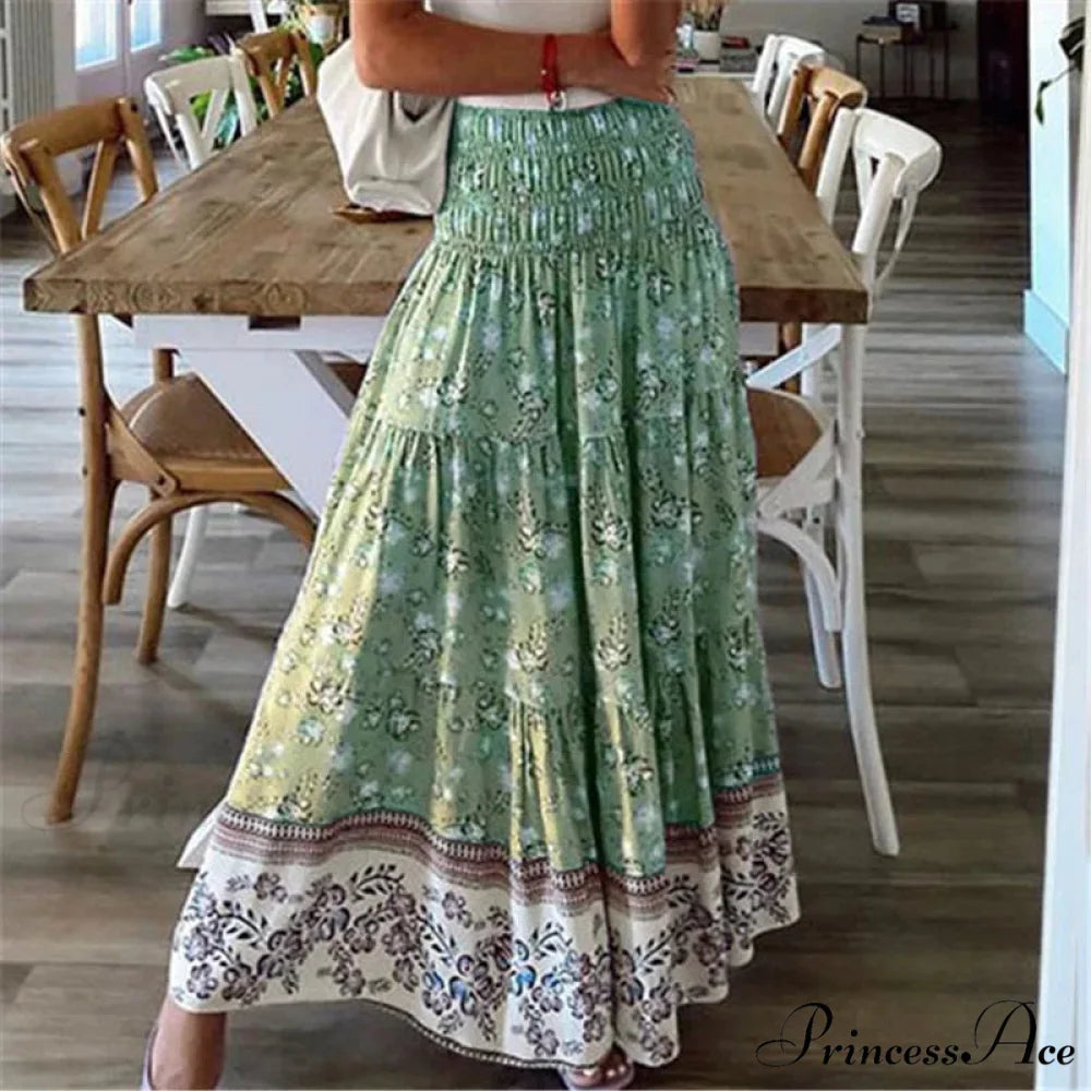 Informal Flower Stretchy Waist Bohemian Style Skirt Green / S skirt-250126