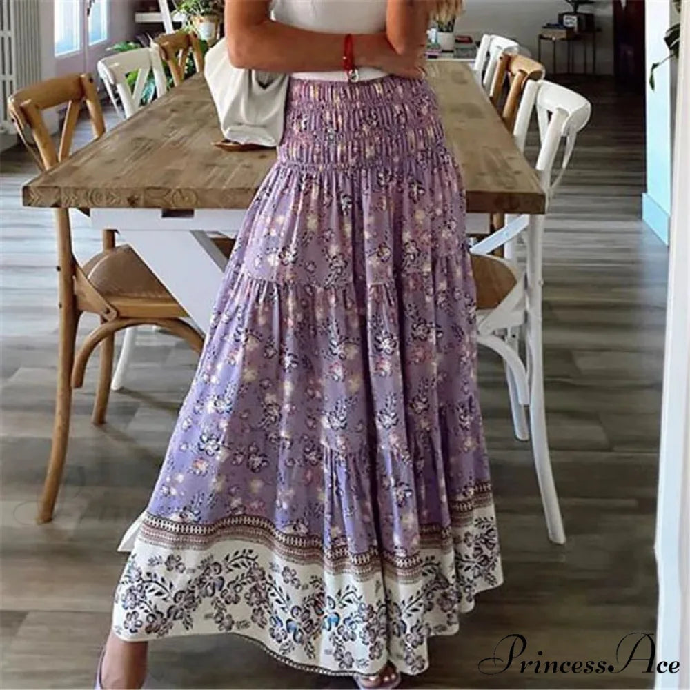 Informal Flower Stretchy Waist Bohemian Style Skirt PURPLE / S skirt-250126