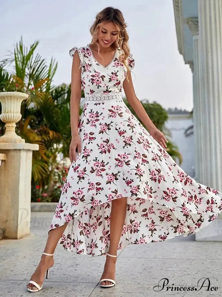 Informal Flowery Lace Neckline Uneven Waist Dress oldfloraldress-250126