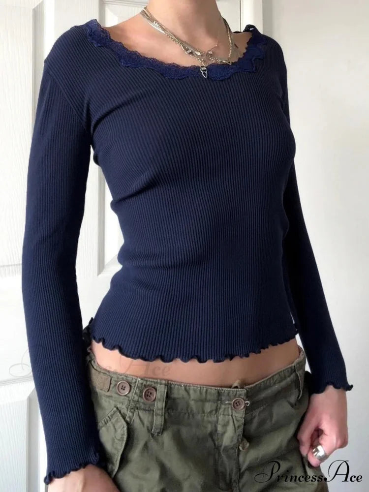 Informal Fundamental Lace Trim Slender Patchwork O-Neck Knit Top Blue / S knittop-250126