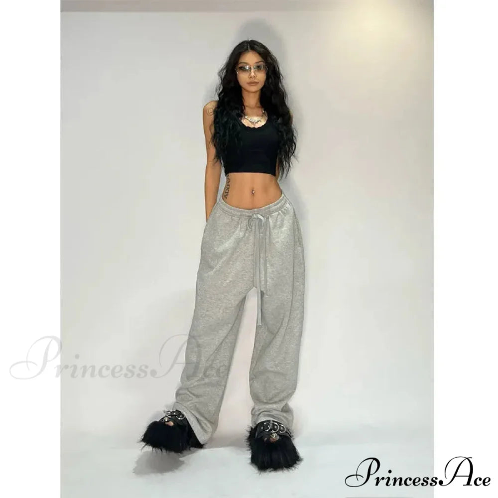 Informal Gray Broad Leg Sweatpants Trousers pants-241228